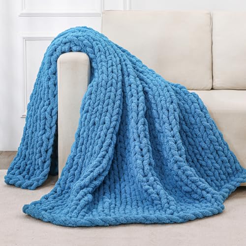 Chunky Knit Throw Blanket for Couch (Bright Blue / 40"x60" (Medium Size Throw）)