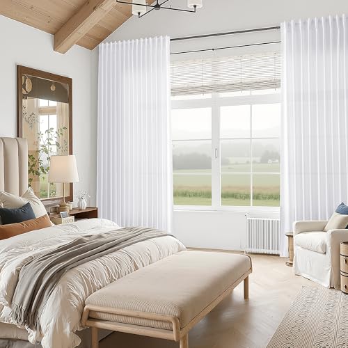 Snow White Linen Curtains 90 Inches Long for Living Room Light Filtering Semi Sheer Curtain Back Tab Luxury Neutral Coastal Modern Farmhouse Decor Drapes for Bedroom Dinner Room 52x90 (52"W x 90"L (Pack of 2) / Snow White)