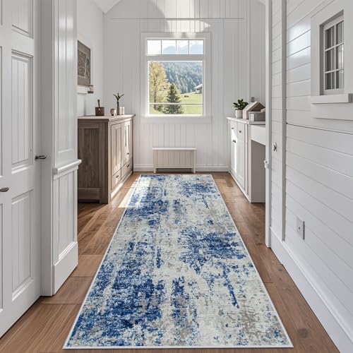 Runner Rugs for Hallways Kitchen 2.6x8 Non Slip Washable Blue Grey White (Blue Grey/White / 2'6" x 8' (Rectangular))
