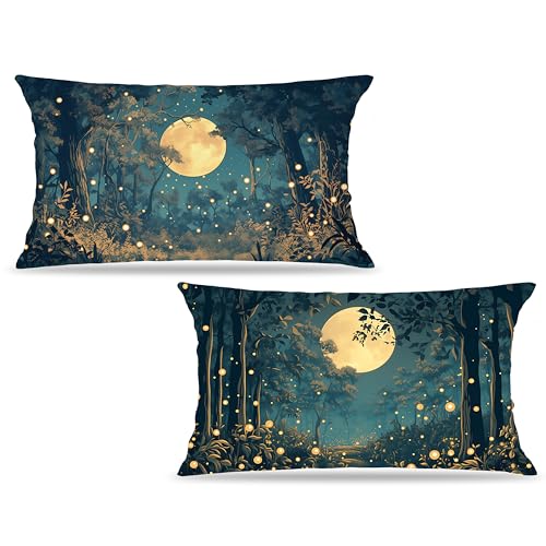 Rustic William Morris Style Night Moon Forest Decor Pillow Covers 20x12 Set of 2 (Forest-black and Gold 31 / 20" x 12" (Pack of 1))