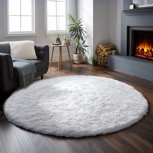 White Furry Round Circle Rug 6Ft for Bedroom Living Room Playroom (White / 6' (Round))