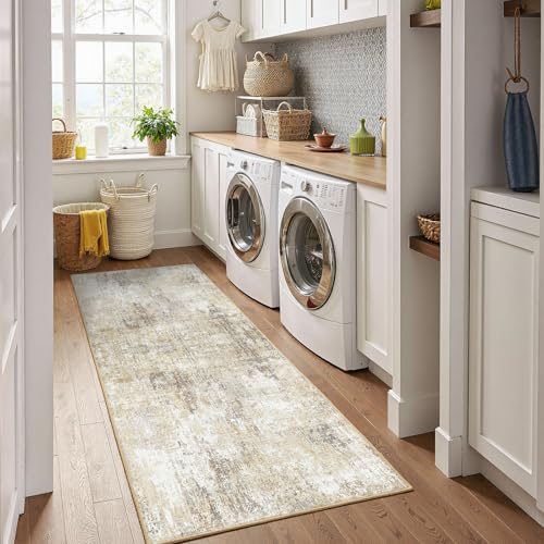 Washable Runner 2'x6' Abstract Area Rug for Hallway Neutral Brown (Gray/Neutral Brown / 2' x 6' (Runner))