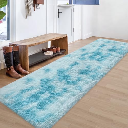 Tie Dyed Sky Blue 2x8 Machine Washable Runner Rugs for Hallway Soft Fluffy Shaggy Bedside Rugs for Bedroom Living Room Indoor Floor Carpet for Kids Girls and Boys Nursery Rooms Home Decor Aesthetic (Tie-dyed Sky Blue / 2' x 8' (Runner))