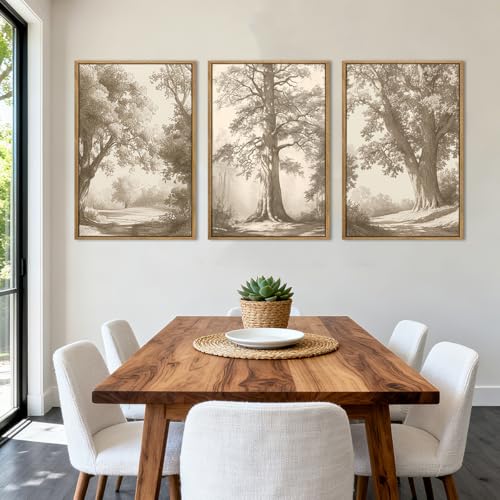 Vintage Tree Canvas Wall Art Framed Rustic Tree Landscape Sketch Antique Painting Neutral Forest Wall Decor 16x24 Inch Farmhouse Botanical Set of 3 for Living Room Bedroom (Vintage Tree / 24"L x 16"W)