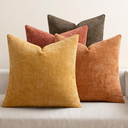 Decorative Chenille Fall Pillow Covers Orange Brown 20x20 Pack of 4 (20" x 20" (Pack of 4) / Orange/Yellow)