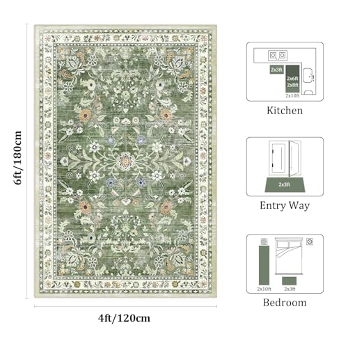 4x6 Washable Area Rug for Bedroom Floral Carpet Sage Green (Green / 4' x 6')