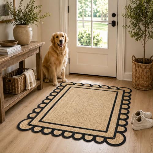 Scalloped Natural Jute Area Rug 3x5 Ft (Black / 3' x 5' (Rectangular))