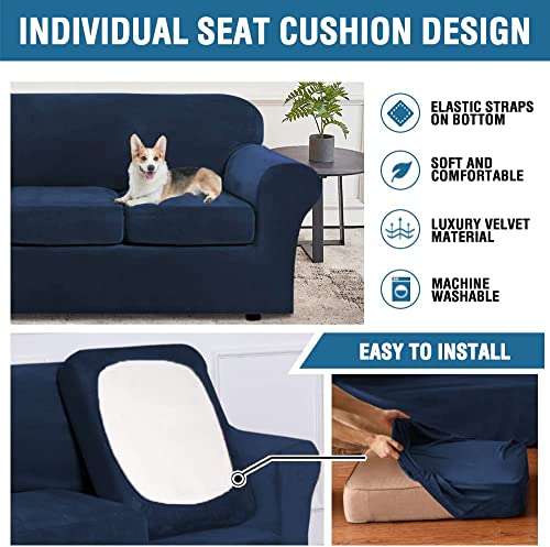 Real Velvet Plush 3 Piece Stretch Sofa Covers Couch Covers for 2 Cushion Couch Sofa Slipcovers Width Up to 90 Inch Feature Thick Soft Stay in Place (2 Cushion Sofa / Navy)