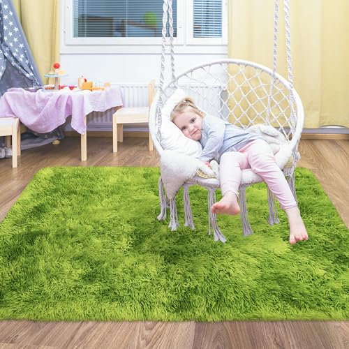 Small Tie Dyed Area Rug for Bedroom 3x5 Mini Green Fluffy Rug Mat Bedside Throw Rug for Kids Room Boys Teens Nursery Baby Dorm Living Room Home Decor Aesthetic Carpets (Tie-dyed Green / 3' x 5' (Rectangular))