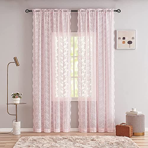 Vintage Lace Curtains 96 Inches Long 2 Panels Set Elegant Chic Floral Pink Sheer Curtain Panles for Girls Baby Living Room Bedroom Girly Preppy Room Decor Light Filtering 52" W x 96" L (Light Pink / 52"W x 96"L (Pack of 2))