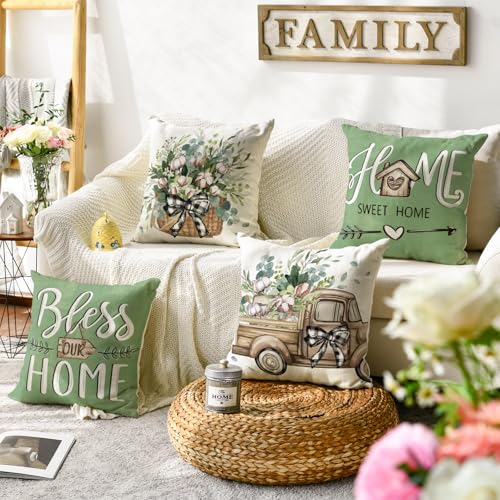 Bless Our Home Farmhouse Eucalyptus Leaves Throw Pillow Covers (Green / 16" x 16" (Pack of 4))