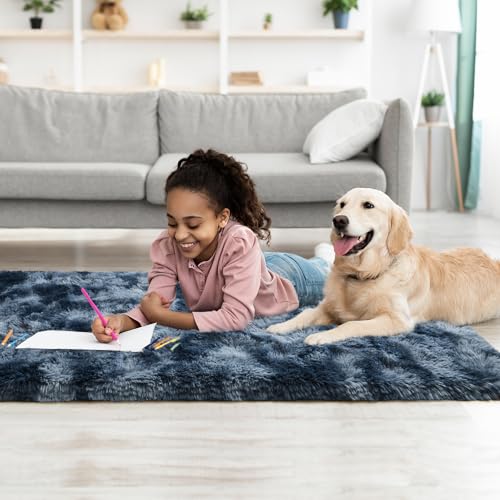 Soft 2x6 Runner Rugs for Bedroom Living Room Fluffy Plush (Tie-dyed Blue and Grey / 2' X 6' (Runner))