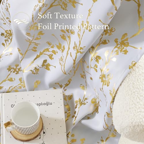 Gold Foil Printed Floral Curtains 100% Blackout (Branch-100% Blackout Greyish White / 52"W x 96"L (Pack of 2))