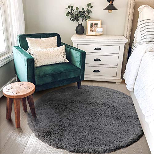 Grey Fuzzy Round Circle Rug 4Ft for Bedroom Living Room Office (Grey / 4' (Round))