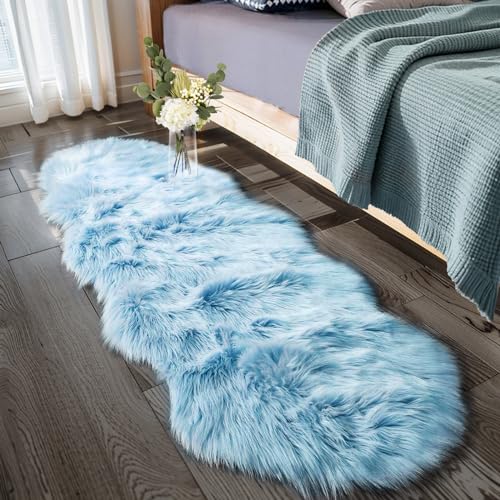 Ultra Soft Faux Sheepskin Fur Rug 2x6 Feet Fluffy Rug for Bedroom (2' x 6' (Sheepskin) / Sky Blue)