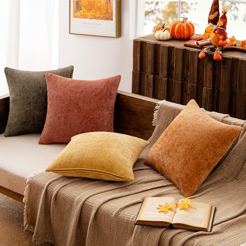 Decorative Chenille Fall Pillow Covers Orange Brown 20x20 Pack of 4 (20" x 20" (Pack of 4) / Orange/Yellow)