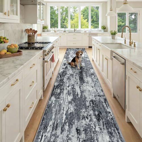 Washable Runner 2'6"x14' Abstract Area Rug for Hallway Black White (Black/Navy Blue/Gray / 2'6" x 14' (Runner))