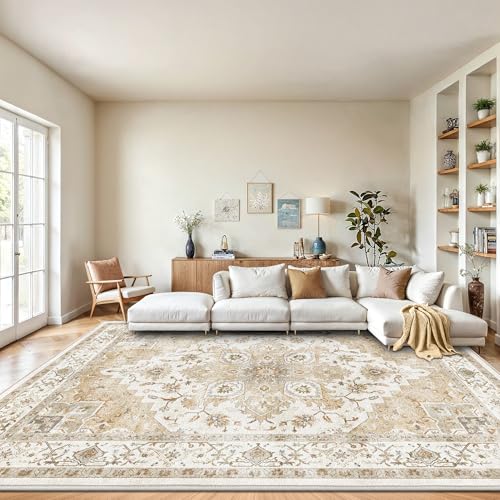 Amada Large 9x12 Washable Area Rug for Living Room (9' x 12' (Rectangular) / Distressed Beige/Cream)