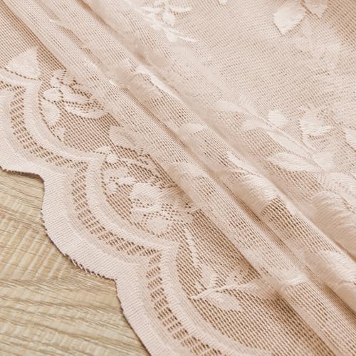 Blush Pink Lace Cafe Curtains 24 Inch Length 2 Panels set Country Floral Sheer Curtains Rod Pocket Short Kitchen Decor Light Filtering Small Window Bathroom Basement RV Laundry Camper (26"W x 24"L (Pack of 2) / Blush Pink)