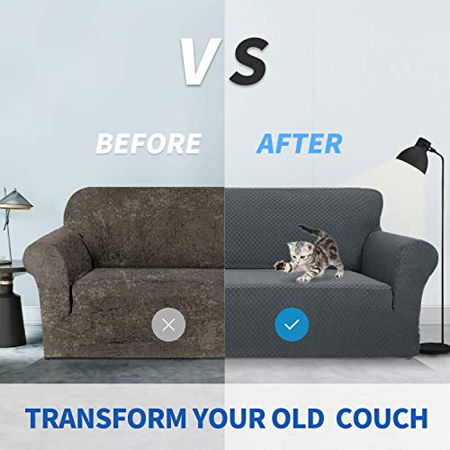 1 Piece Jacquard Couch Covers for 2 Cushion Couch High Stretch Loveseat Slipcover for Pets Dogs Anti Slip Love Seat Sofa Slipcover Furniture Protector (Medium (55"-69") / Dark Grey)