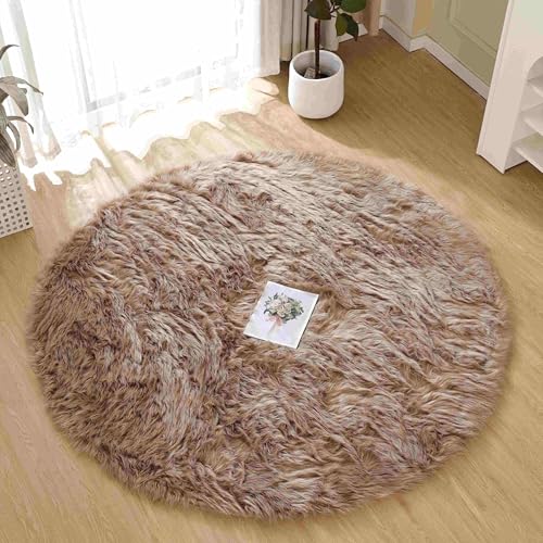 Circle Sheepskin Rug 5ft Round Fluffy Fuzzy Furry Carpet for Bedroom Living Room Shaggy Washable Soft (5' (Round) / Beige)