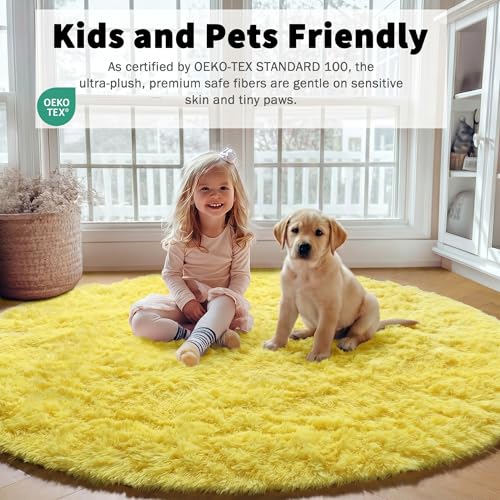 Yellow Fluffy Round Rug Circle Area Rugs 4ft for Girls Kids Teen Bedroom (Yellow / 4' (Round))