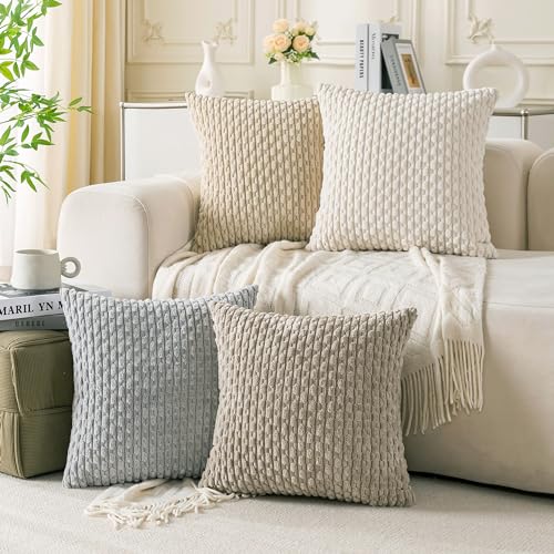 Set of 4 Neutral Decorative Throw Pillow Covers 22x22 Inch Corduroy Pillow Covers for Bed Couch Sofa Living Room Soft Square Cushion Cases (Neutral / 22" x 22" (Pack of 4))