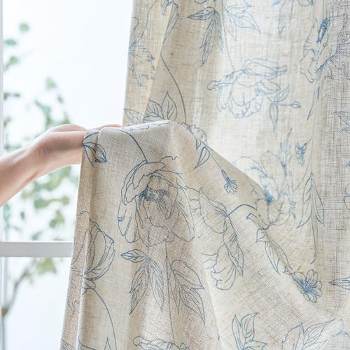Floral Linen Curtains for Living Room 63 Inch Length Blue Flower Curtain Rod Pocket Back Tab Farmhouse Curtains with Printed Floral Bedroom Window Curtain Set (Penny Blue on Ecru / 50"W x 63"L (Pack of 2))