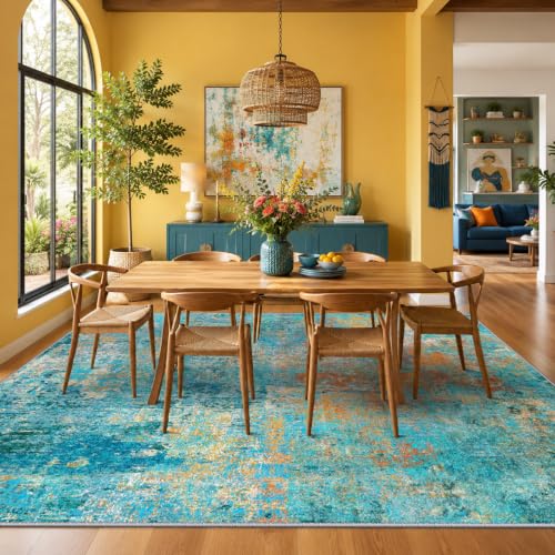 Washable 5'x8' Abstract Area Rug for Living Room Teal Multi (Teal Blue/Green/Orange / 5' x 8' (Rectangular))