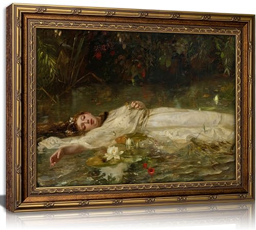 Vintage Gold Framed Ophelia Canvas Wall Art Gothic Dark Academia Pond Lotus Painting Picture Wall Decor Retro Romantic Victorian Antique Woman Poster Print Artwork for Living Room Bedroom Bathroom (Ophelia / 24"L x 16"W)