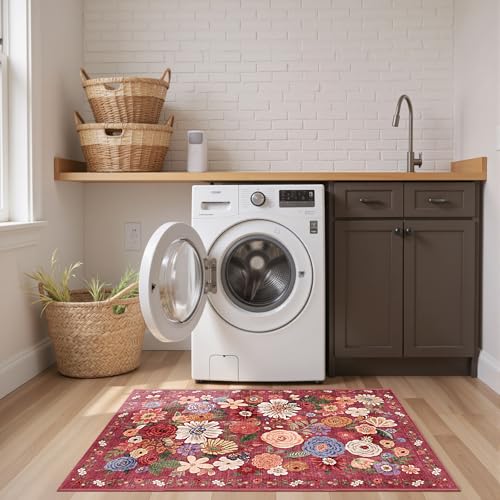 Red Floral Hallway Runner Rug 2x5 for Bedroom Kitchen (Red / 2' x 5' (Rectangular))