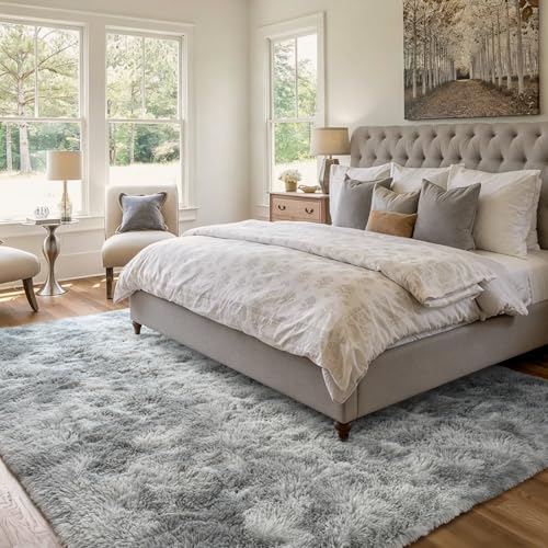 4x6 Ft Shag Rugs for Bedroom Living Room (Ab Tie Dyed Light Grey / 4' X 6' (Rectangular))