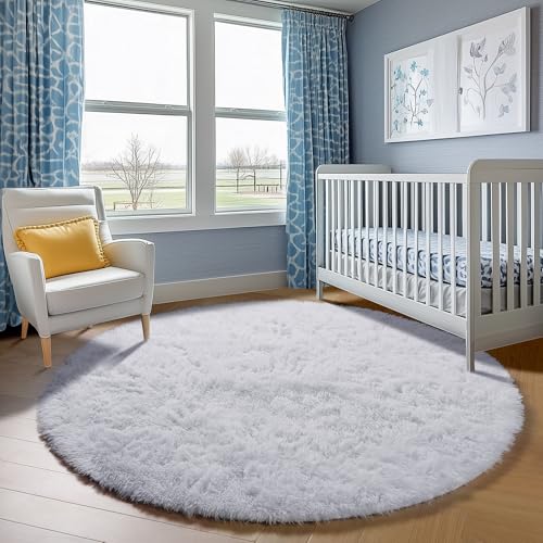 White Round Rugs 6ft for Living Room Bedroom (White / 6' (Round))