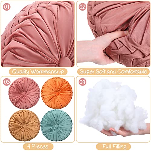 4 Pcs Round Throw Pillows Velvet Pleated Pillows (Orange, Yellow, Pink, Green)