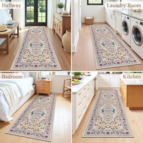 HEBE Hallway Runner Rug 2'x6' (Floral Beige / 2' x 6' (Rectangular))