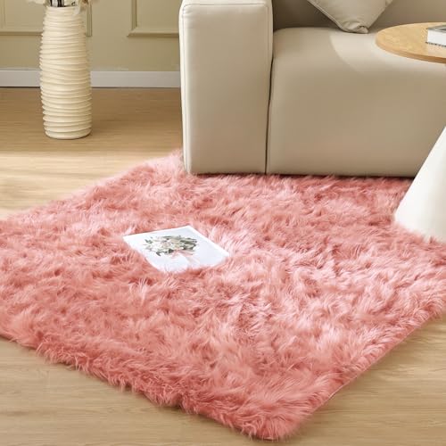 Pink Shag Faux Sheepskin Washable Fur Rug for Living Room Bedroom Furry Area Rug 4x6 Rectangle Rug Nursery Decor Girl (4' x 6' (Rectangular) / Pink)