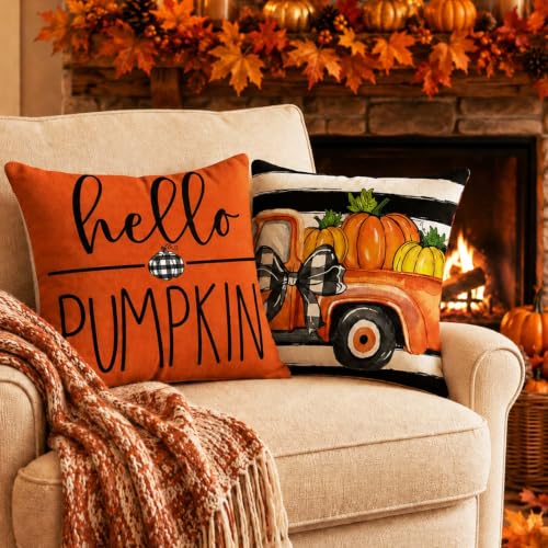 Fall Throw Pillow Covers for Home Strip Pumpkin Pillowcase 18x18 Set of 4 (Fall 01)