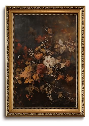 Vintage Gold Framed Wall Art Moody Flower Canvas Wall Art Dark Fall Floral Picture Wall Decor Retro Autumn Botanical Art Prints for Bedroom Living Room Bathroom 16"x24" (Gold Framed-7 / 16x24in)