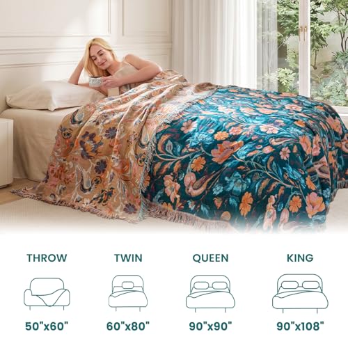 Boho Throw Blanket 50"x60" Cotton Birds Floral Blanket for Couch (Flowers Birds / 50"x60")