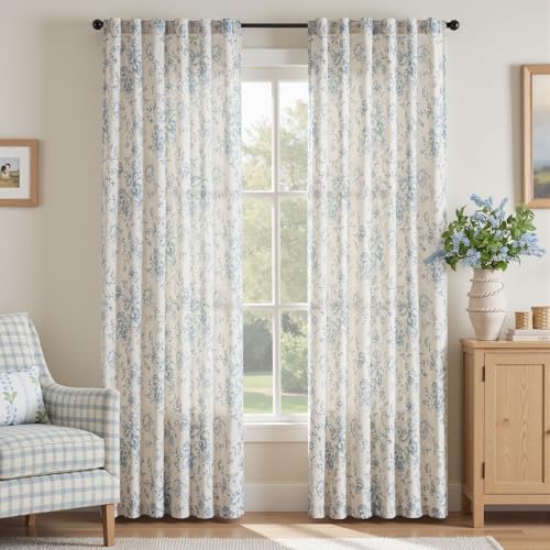 Blue Floral Linen Curtains 84 Long for Living Room 2 Panels (Blue / 50"W x 84"L (Pack of 2))