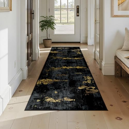 Washable Runner 2'6"x8' Abstract Area Rug for Hallway Black Gold (Black/Gold / 2'6" x 8' (Runner))