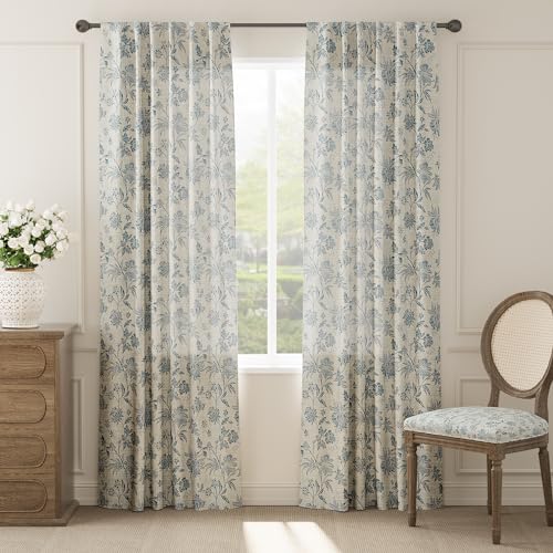 Blue Floral Linen Curtains 84 Inch Vintage Back Tab 2 Panels (*Jacobean Blue on Beige / 50"W x 84"L (Pack of 2))