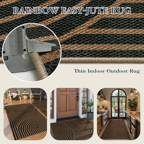 Modern Rainbow Easy Jute Front Porch Rug (3' x 5' (Rectangular) / Black/Multi-rainbow-1)
