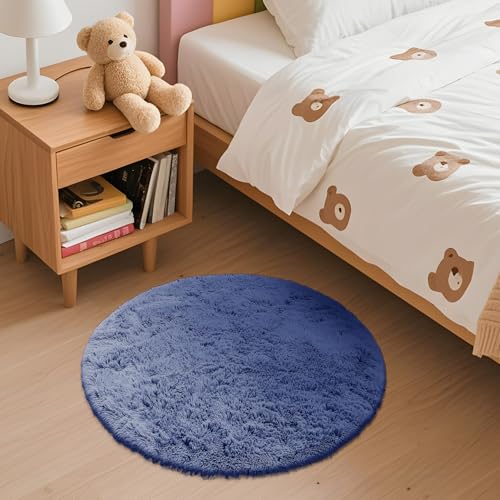 Denim Blue Round Rugs for Bedroom (2 Ft Round / Denim Blue)