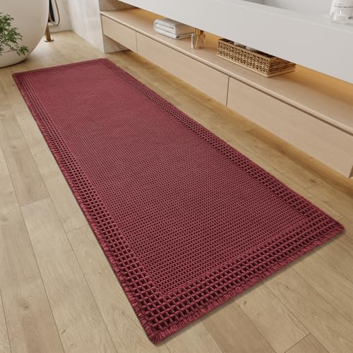 Waffle Bathroom Runner Rugs (Dark Red / 2' X 6')