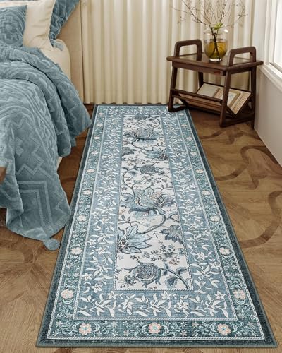 Provence Misty Blue 2x6 Washable Kitchen Runner Rugs Non Slip Vintage Boho Cottage Long Rug for Hallways Bedroom Entryway Bathroom Mat with Rubber Back (Oriental Misty Blue / 2' x 6' (Runner))