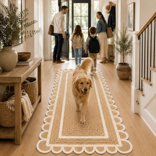 Jute Runner Rug 2x16 Ft with Scalloped Border (Off White / 2' x 16' (Rectangular))