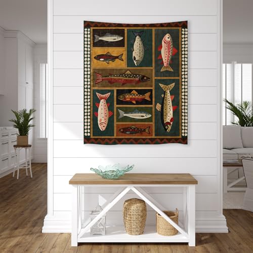 Fish Tapestry 50 X 60 Inches Vintage Dark Western Wall Art Rustic Country Salmon Trout Painting Retro Cabin Aesthetic Decor for Living Room Bedroom (Tapestries / Black / 60"L x 50"W)