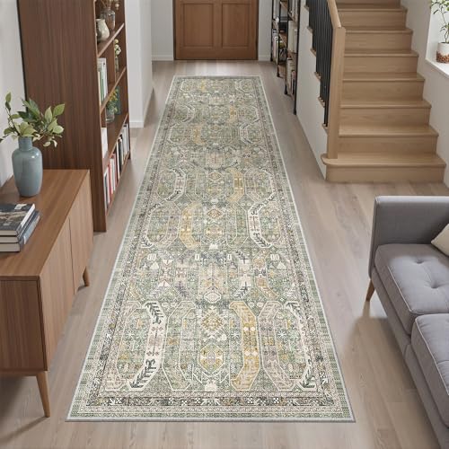 Hallway Runner Rug 2x8 Washable Kitchen Rugs Non (Green/Gold / 2' x 8' (Runner))