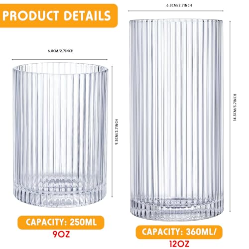 12 Pcs Ribbed Drinking Glasses Clear Vintage Cups Set (9 oz 12 oz)